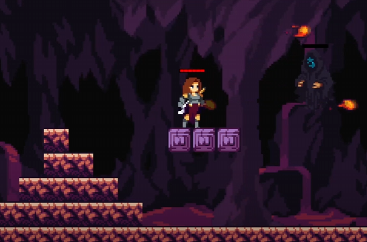 A 16-bit 2D warrior woman standing on a platform shooting fireballs past a ghostly enemy.